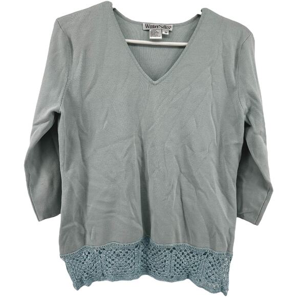 WinterSilks Sweater Silk V-Neck Crochet Hem Knit Silk Blue Medium - Picture 1 of 5